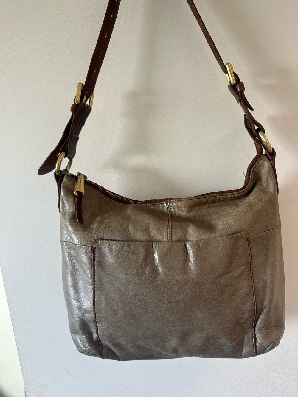 HOBO Olive Brown Leather Hobo Shoulder Bag with Dark Brown Strap